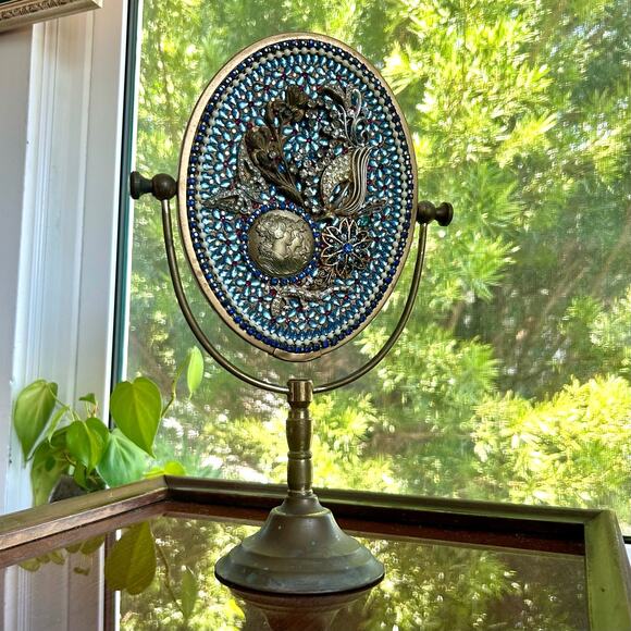 Vintage Tabletop Vanity Mirror with Ornate Floral and Rhinestone Embellishments - Picture 1 of 16